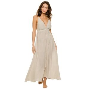 Elan | lightweight boho striped open cross-back MaxiDress | beige/cream | Size M